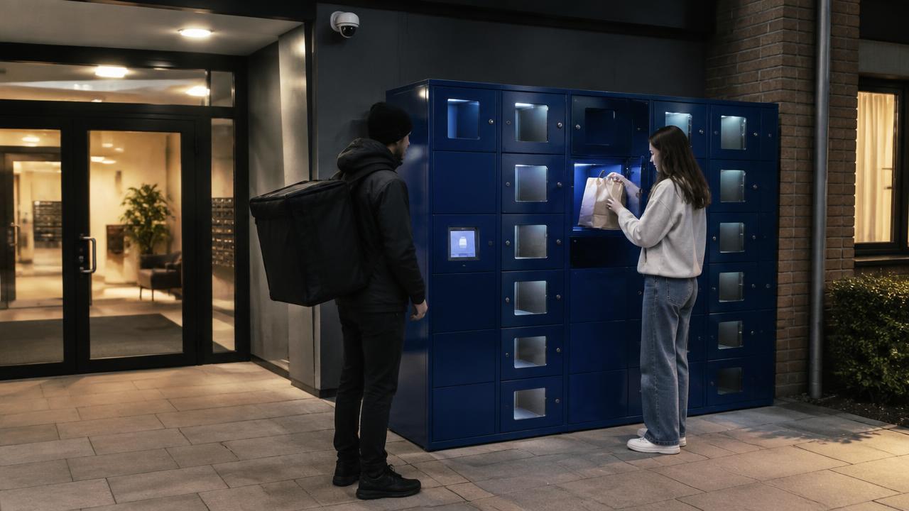 Student collecting a late-night takeaway from a lit navy smart locker outside student accommodation
