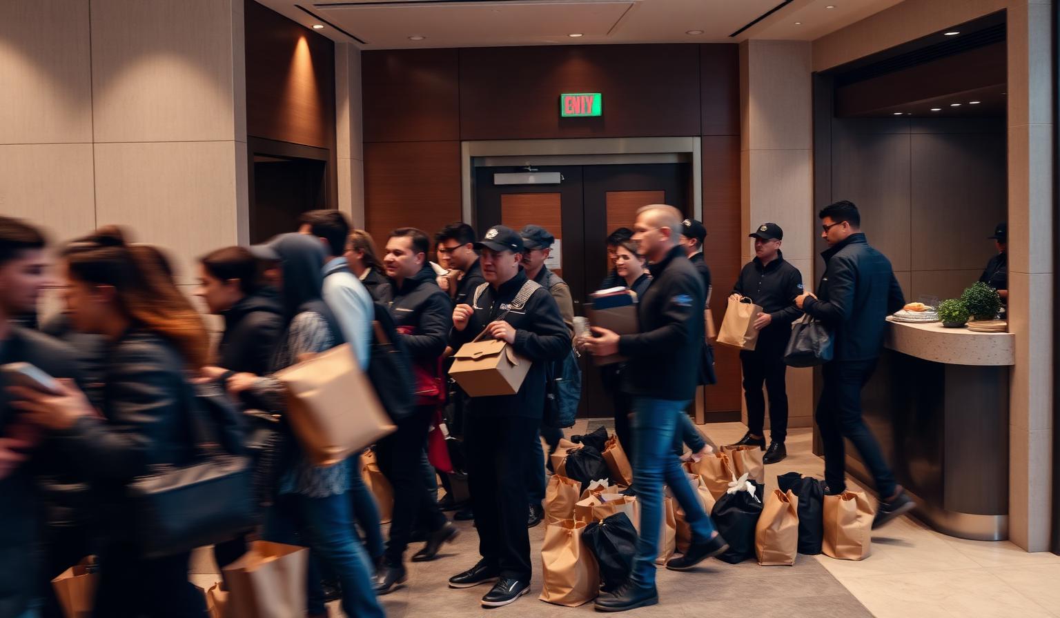 Crowded apartment lobby with multiple food delivery couriers and takeaway bags at peak time