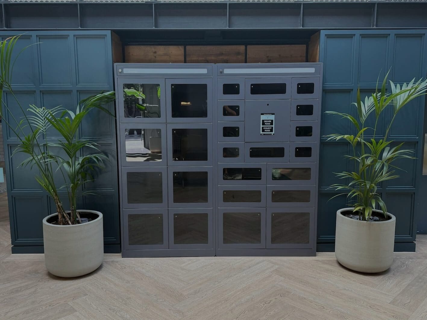 Heated and ambient food delivery lockers in a building reception