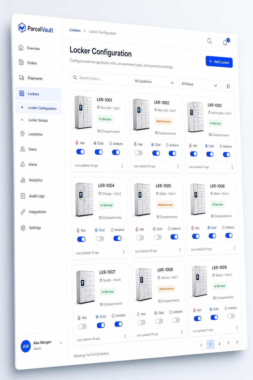 Locker configuration dashboard — units in service and compartment types