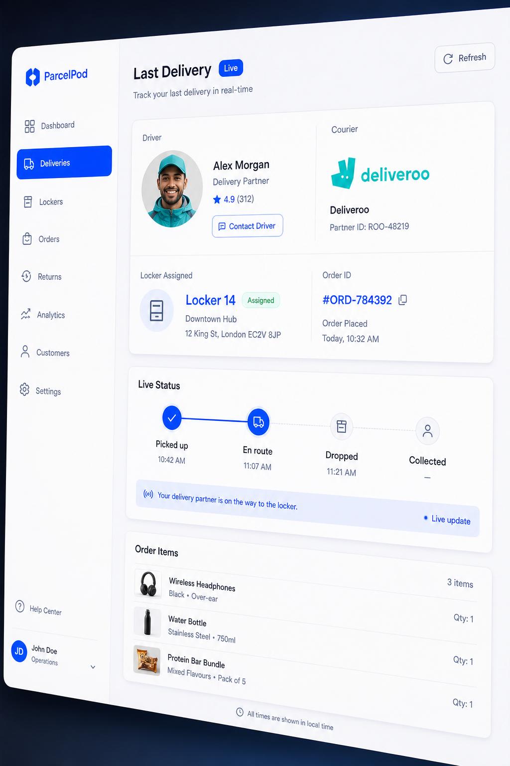 Live last-delivery tracker with driver, courier and locker assigned