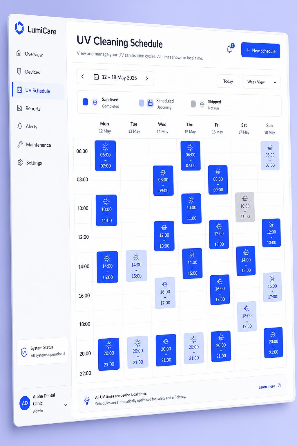 UV cleaning schedule across the locker bank