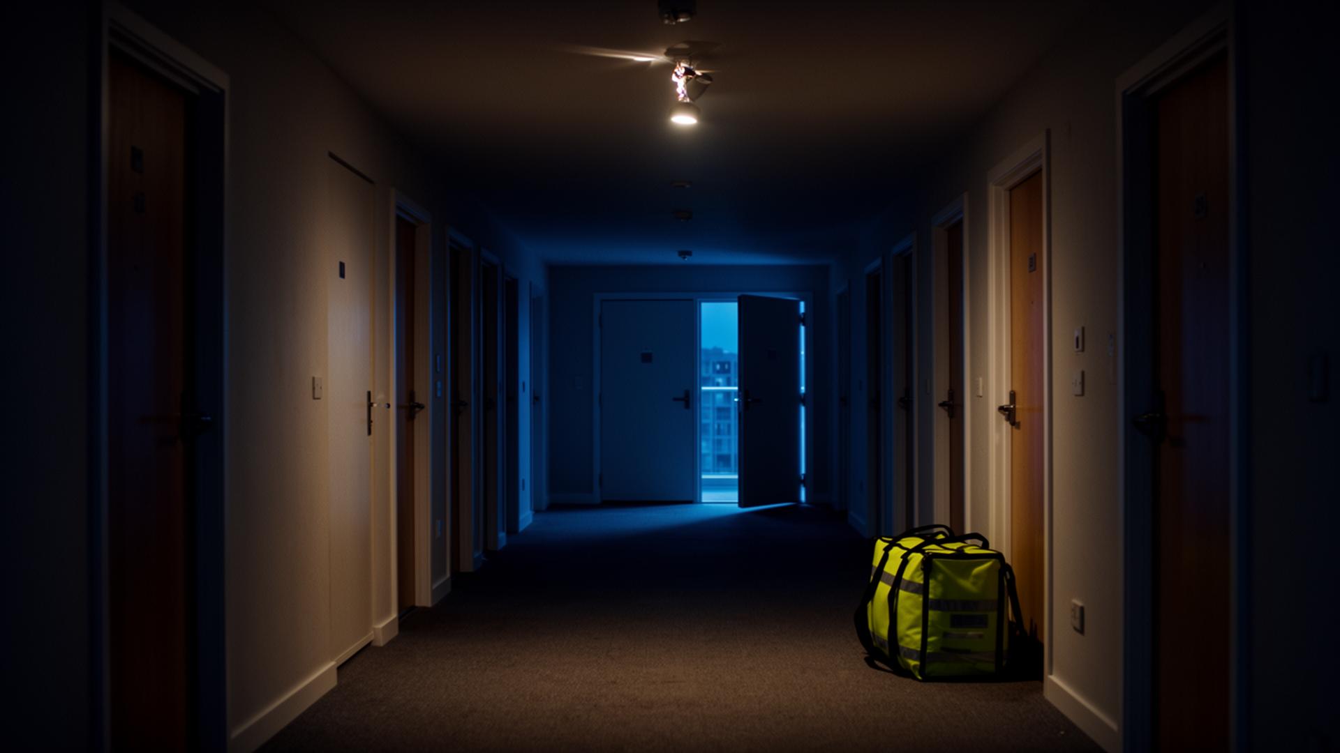 Dimly lit empty residential corridor at night with a hi-vis food delivery bag left outside a flat door and a fire door propped open in the distance