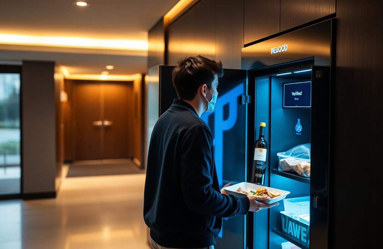 Resident collecting an age-restricted alcohol and chilled food delivery from an illuminated smart food locker showing a verified ID checkmark on screen in a modern UK apartment lobby at dusk