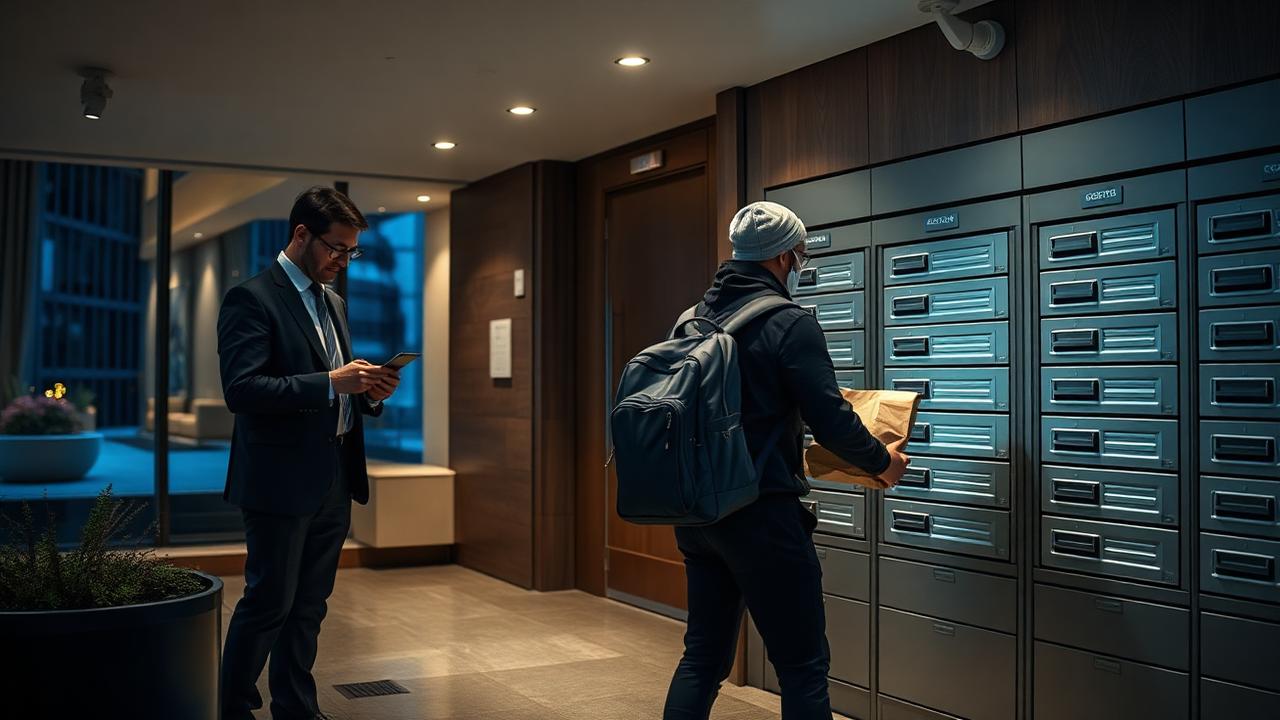 UK apartment building manager reviewing a tablet beside a sleek bank of smart food lockers in the lobby while a courier drops a paper takeaway bag into a heated compartment at dusk
