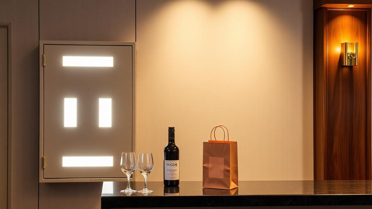 Boutique hotel reception counter with a wall-mounted Foodie Locker, a bottle of wine, two glasses and a takeaway bag under warm lighting