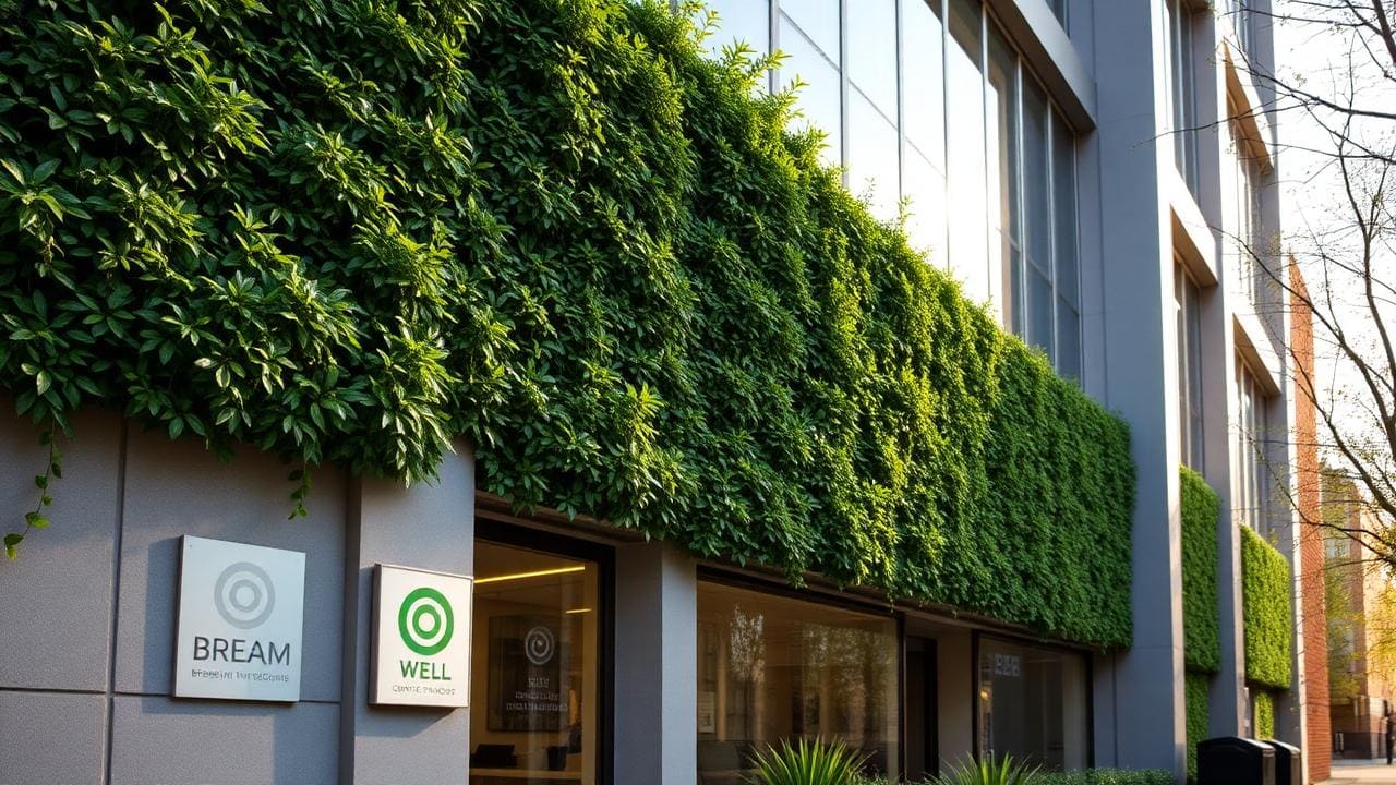 Modern London office building exterior with green planted facade and BREEAM and WELL certification plaques