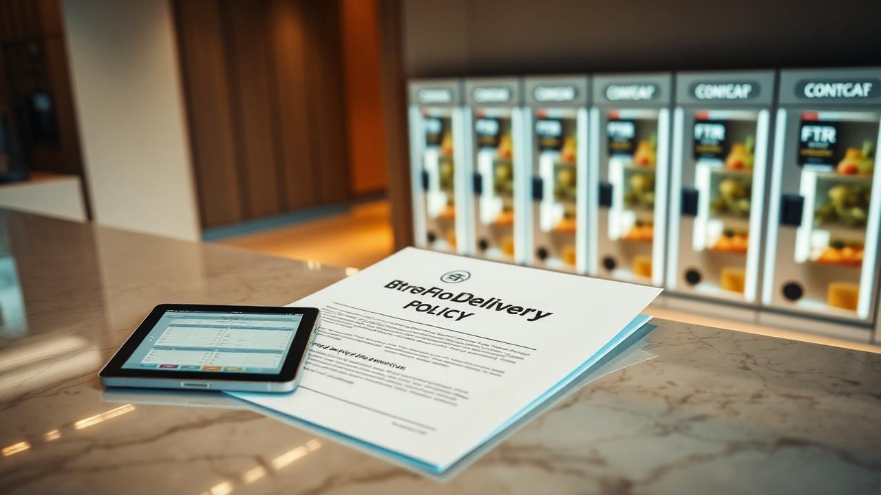 Printed BTR Food Delivery Policy template document lying on a concierge desk in a Build-to-Rent lobby beside a tablet showing a delivery audit log with a bank of smart food lockers in the background