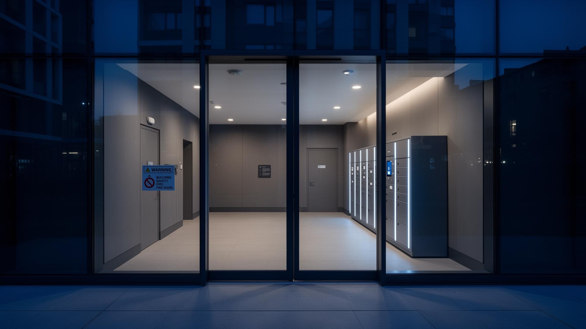Modern UK apartment building entrance at dusk with a building safety sign and a bank of smart delivery lockers visible through the glass