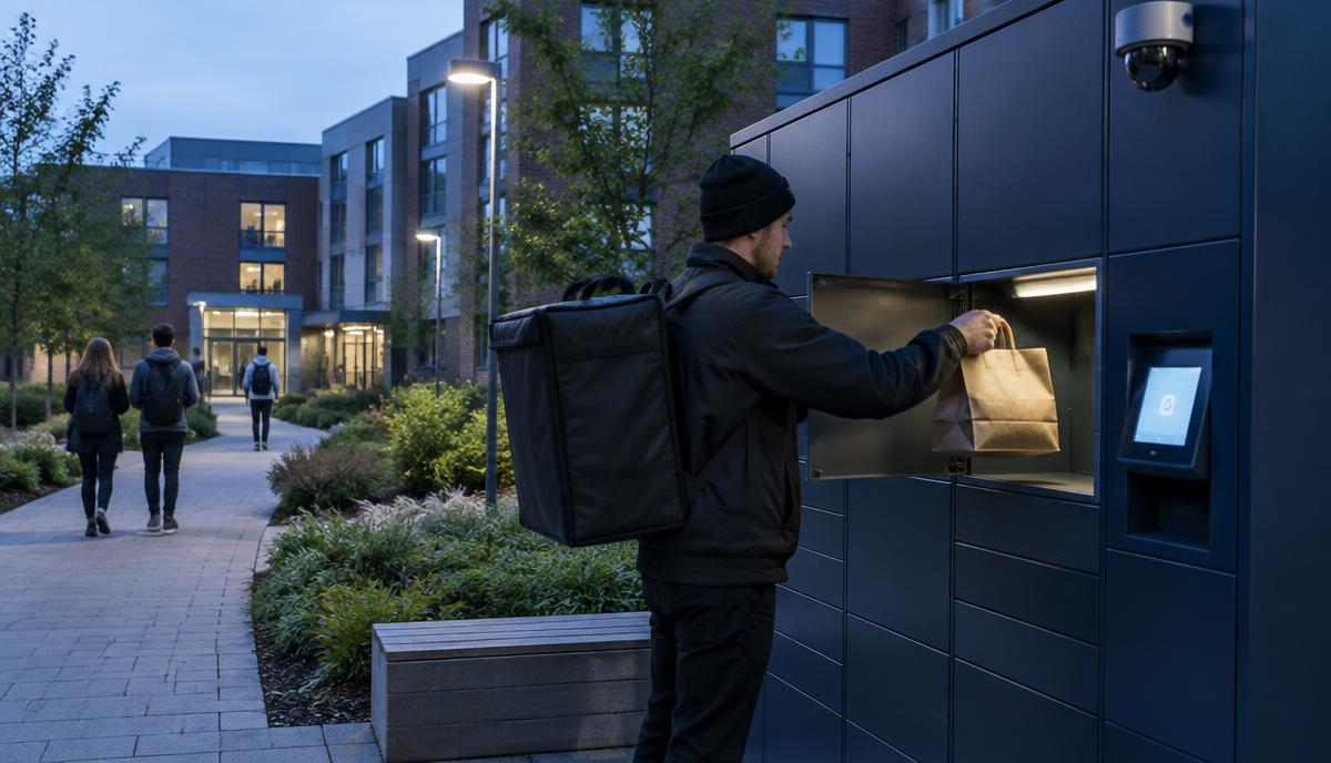 Food delivery courier placing an order into a secure smart locker outside a university accommodation block at dusk