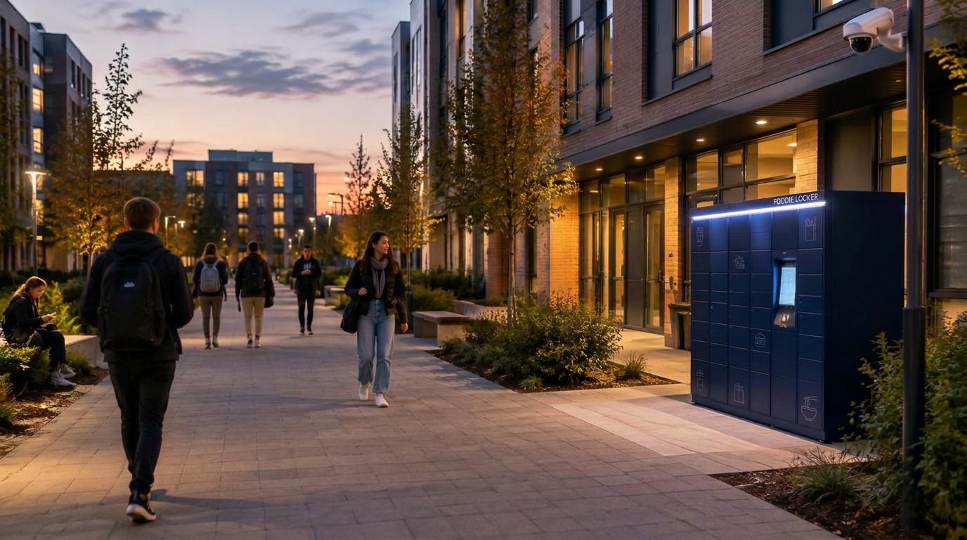 Well-lit university campus walkway at dusk with students walking safely past a smart locker station and CCTV coverage