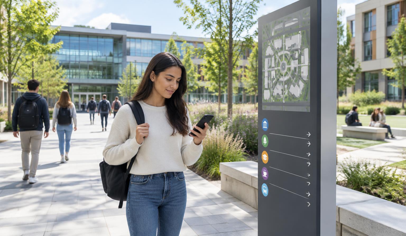Student checking her phone beside a modern wayfinding totem on a landscaped university campus plaza