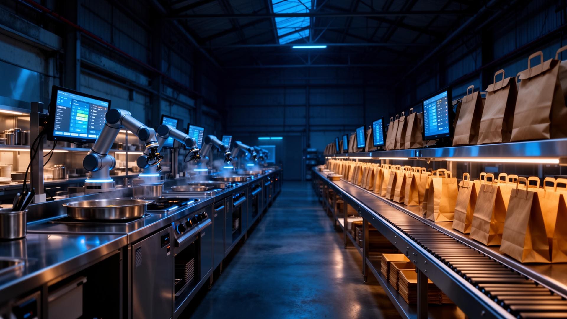 Futuristic cloud kitchen / dark kitchen facility with robotic prep arms and rows of takeaway bags ready for delivery