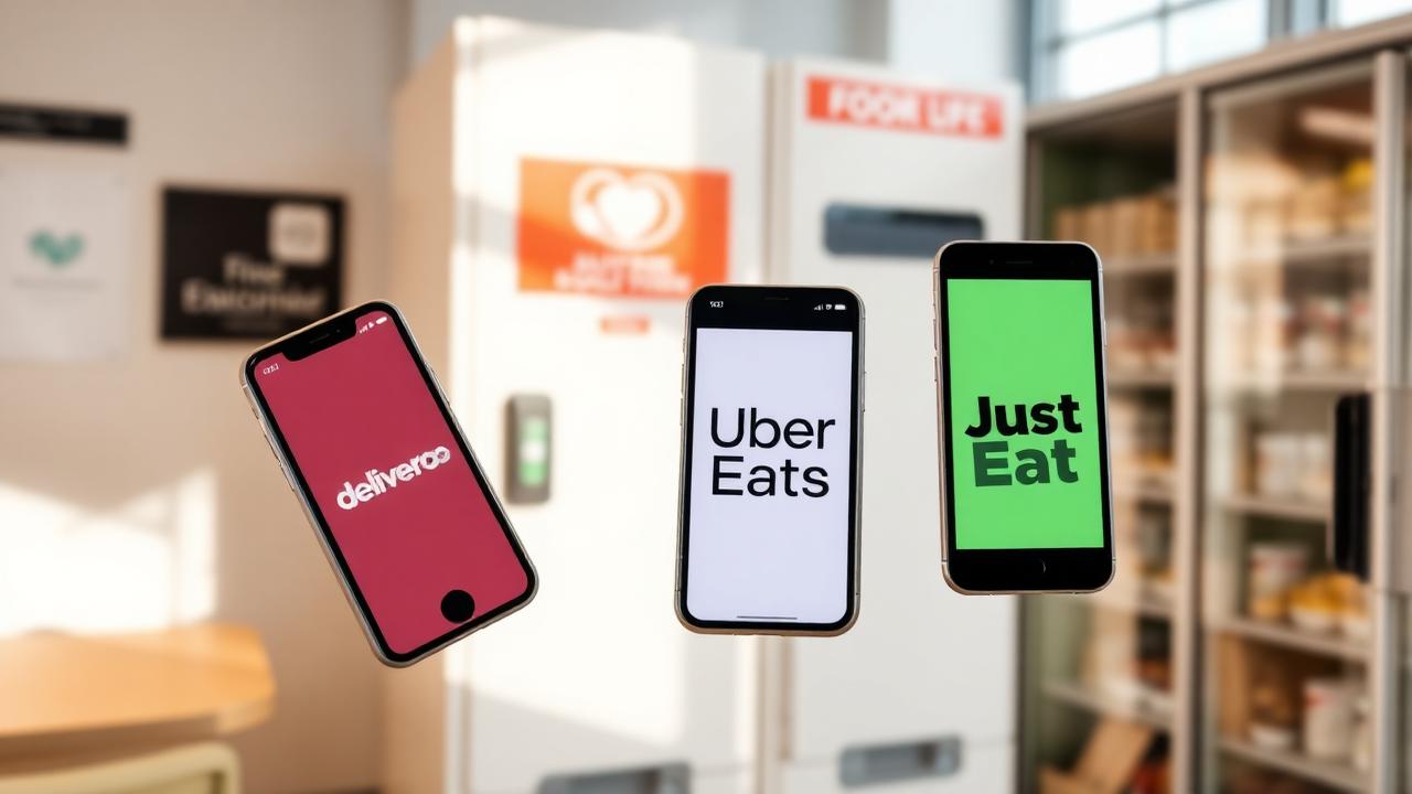 Three smartphone screens showing Deliveroo, Uber Eats and Just Eat business apps in front of a smart food locker
