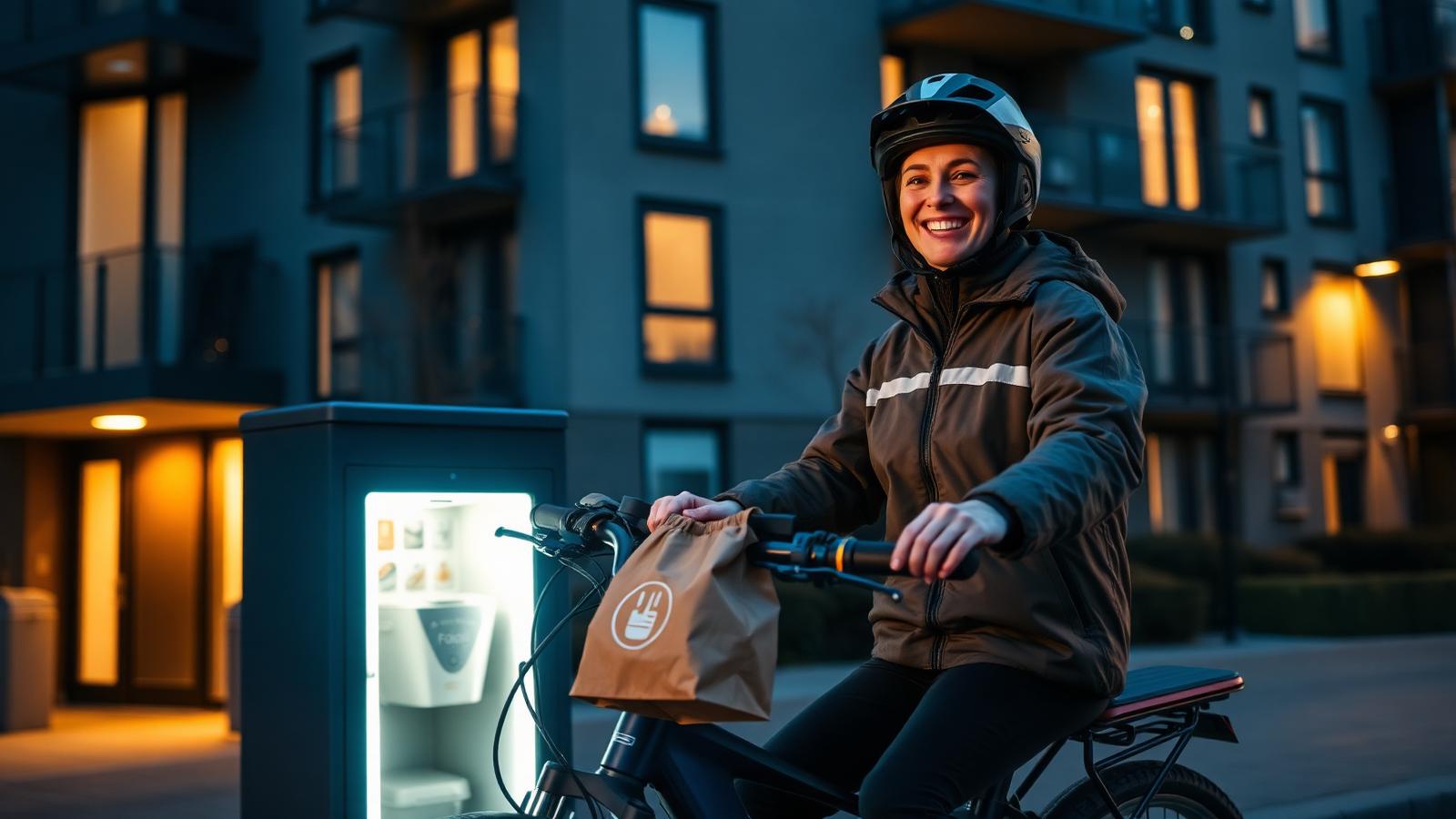 A female food delivery courier smiling beside her e-bike at dusk after dropping a takeaway bag into a smart locker outside a modern UK apartment building