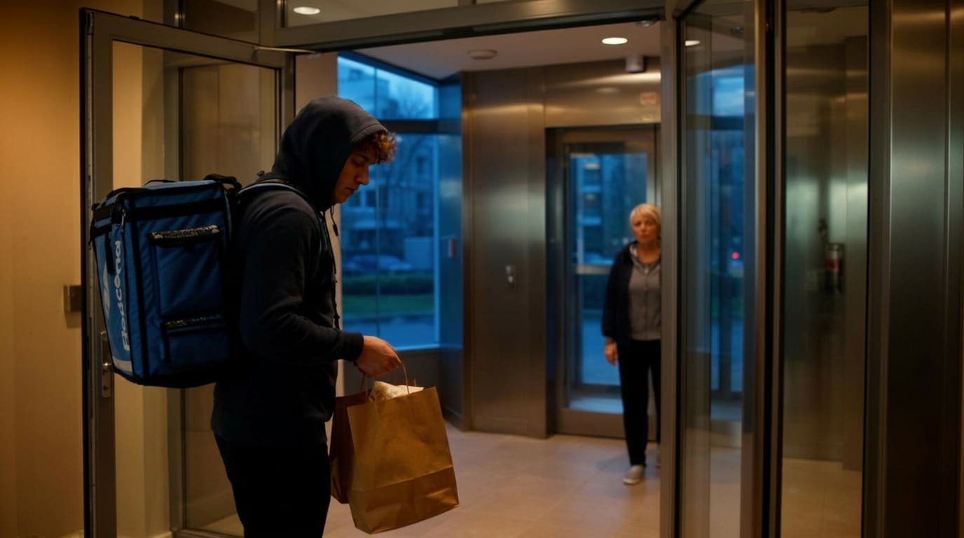 Anonymous food delivery courier in a hoodie holding a takeaway bag at an apartment building lobby door at dusk, with a resident visible by the lift in the background