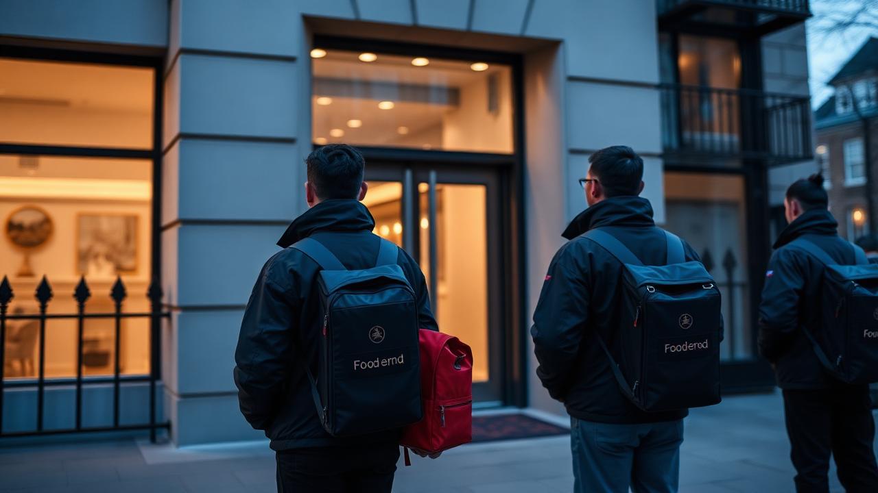 Group of food delivery couriers waiting on the pavement outside a locked luxury London apartment building at dusk