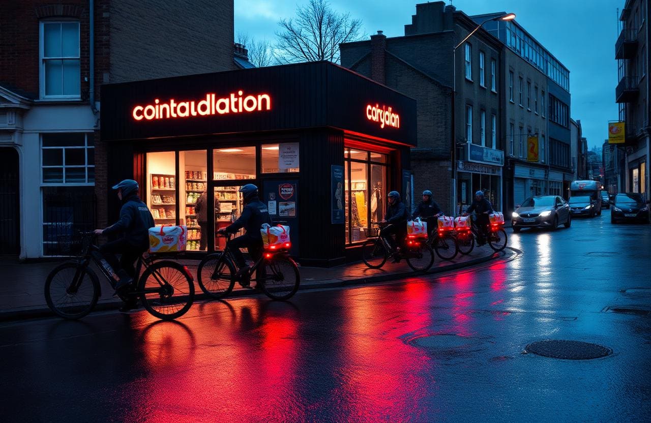 Dark store quick-commerce micro-fulfilment unit on a UK city street at dusk with food delivery riders on e-bikes lined up outside collecting branded grocery bags
