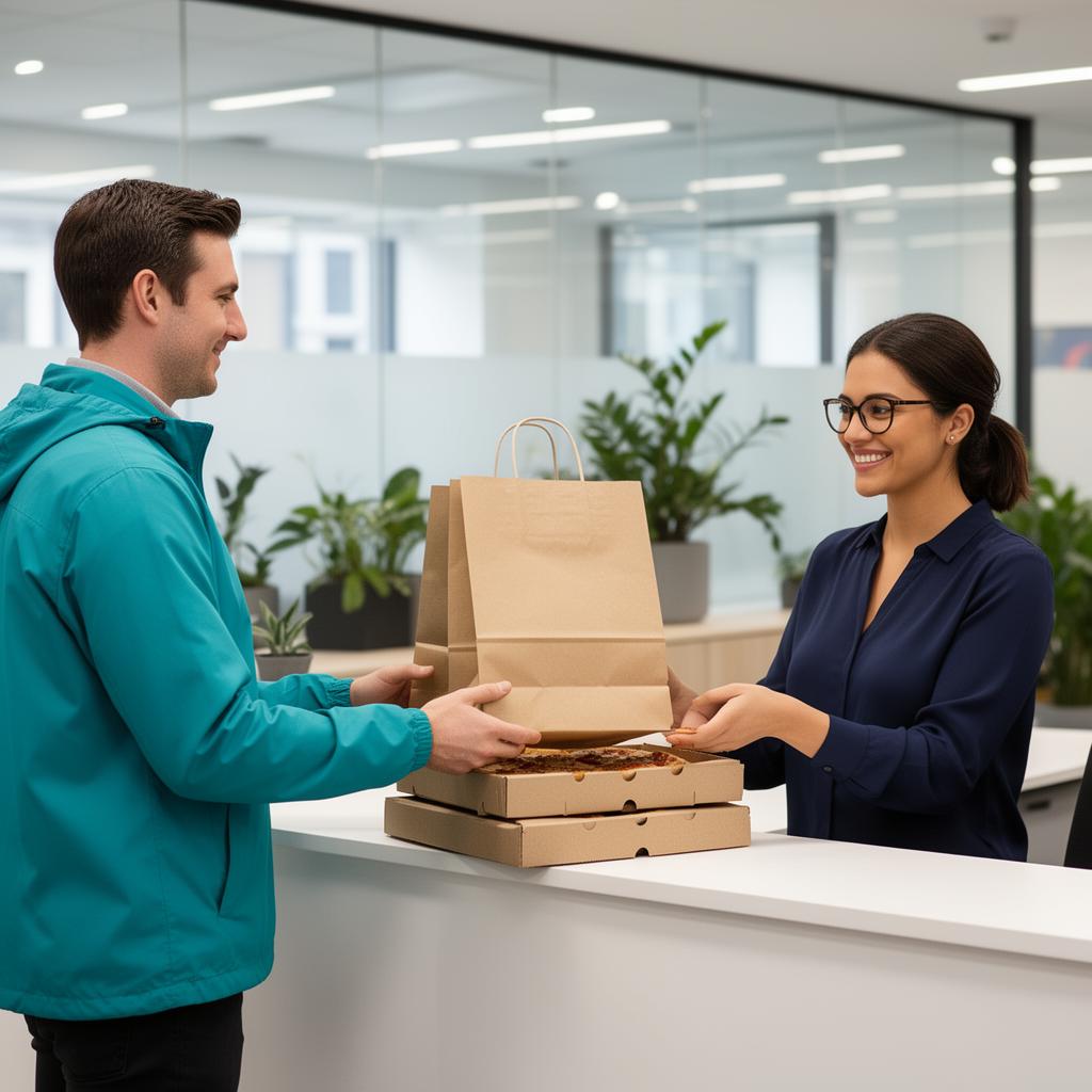 Deliveroo for Business courier handing a London office worker a stack of team lunch deliveries — branded paper bag, kraft takeaway bag and pizza boxes