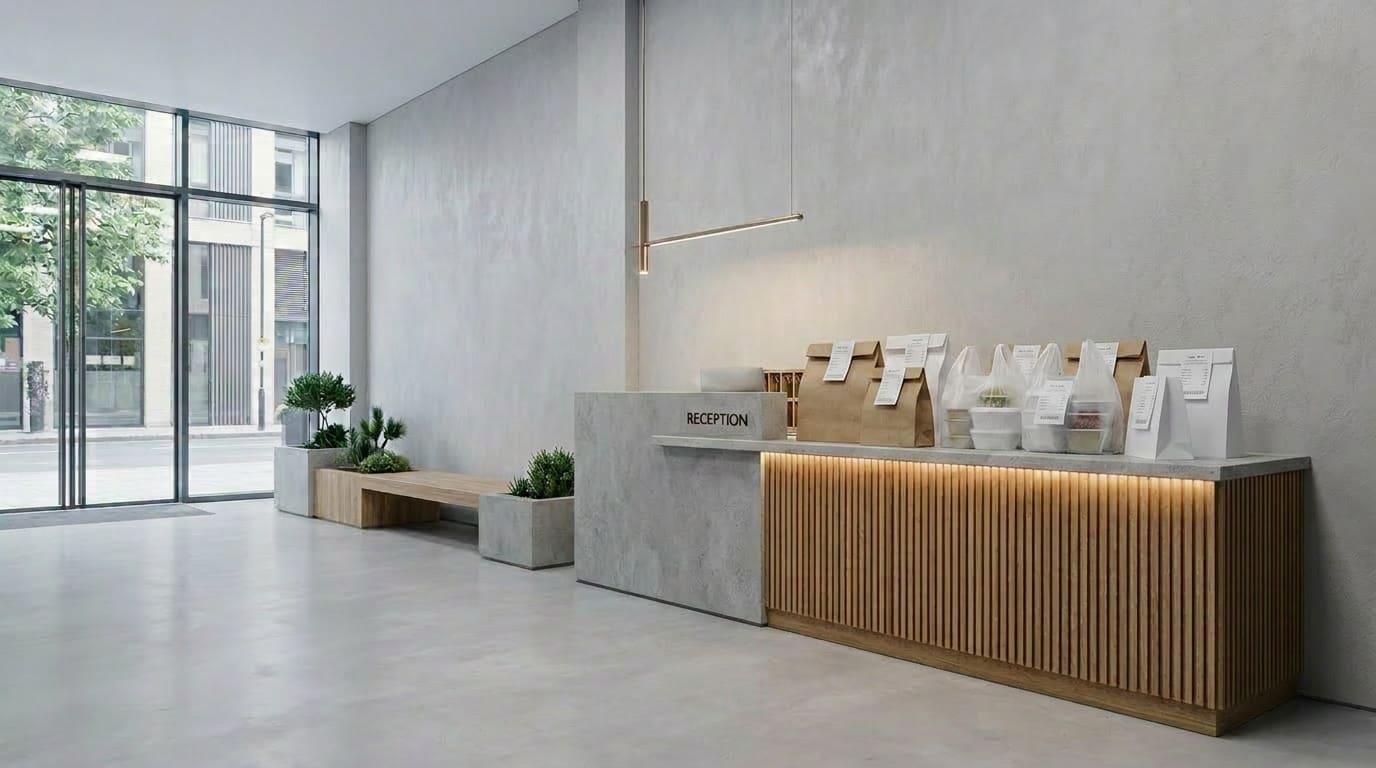 Calm uncluttered residential lobby with a clean bank of smart delivery lockers