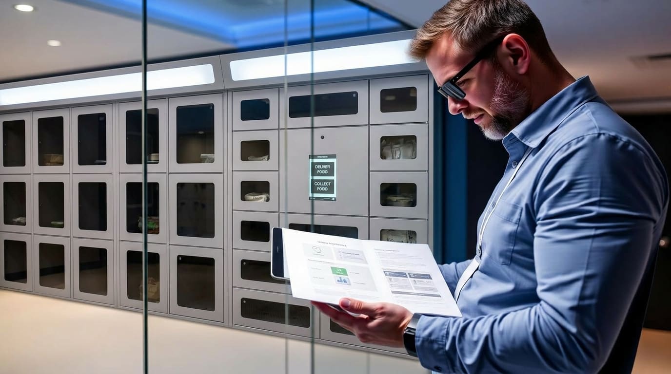 Facility manager reviewing a delivery operations playbook on a tablet beside a bank of smart delivery lockers in a modern residential building