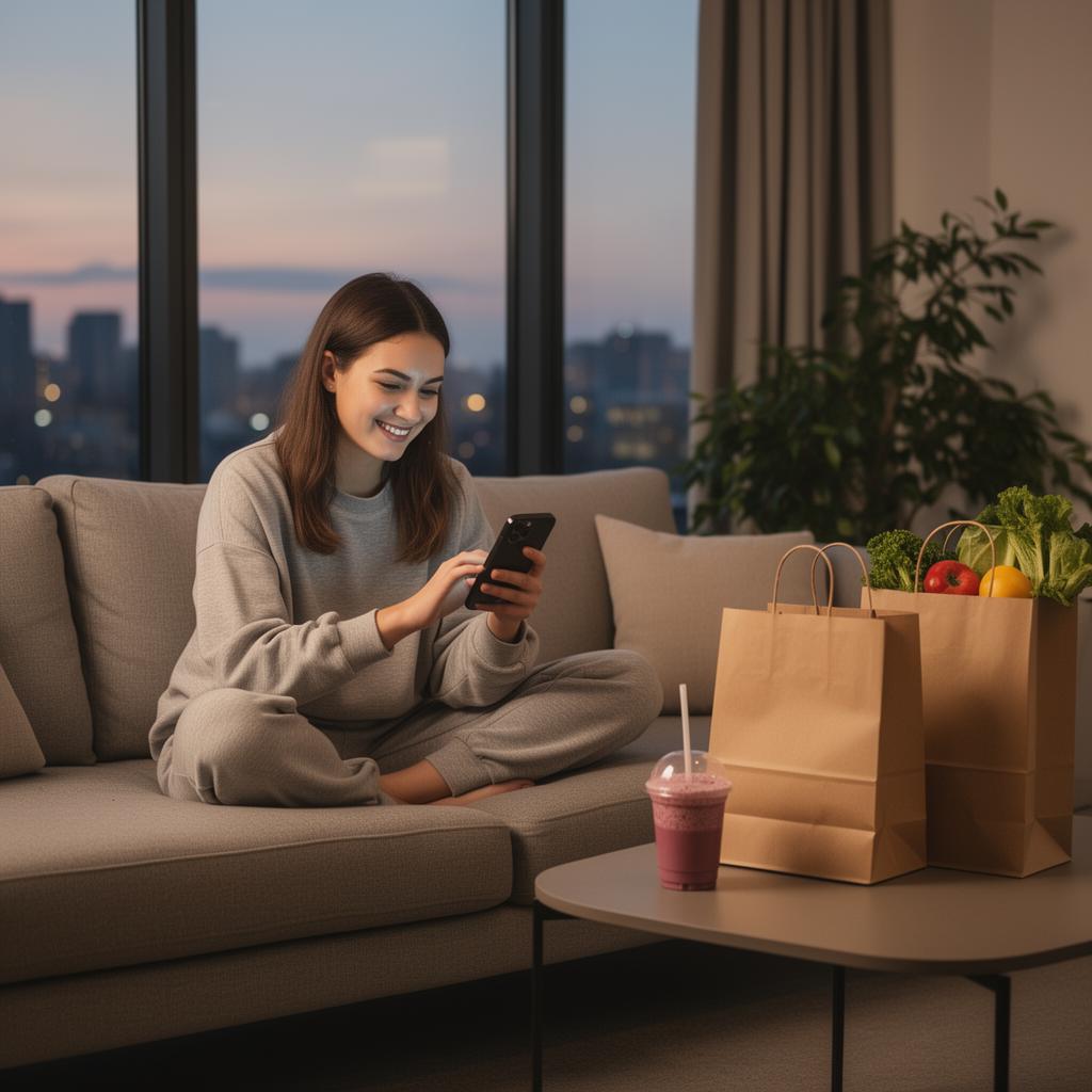 Young resident relaxing on her modern apartment sofa placing a combined food and grocery delivery order on her smartphone at dusk