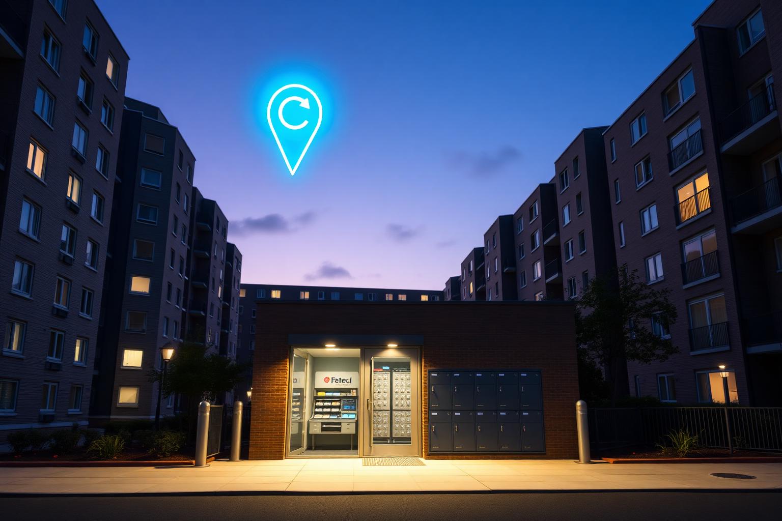 Smart food delivery locker bank beside a building entrance at dusk with a glowing map pin hovering above it