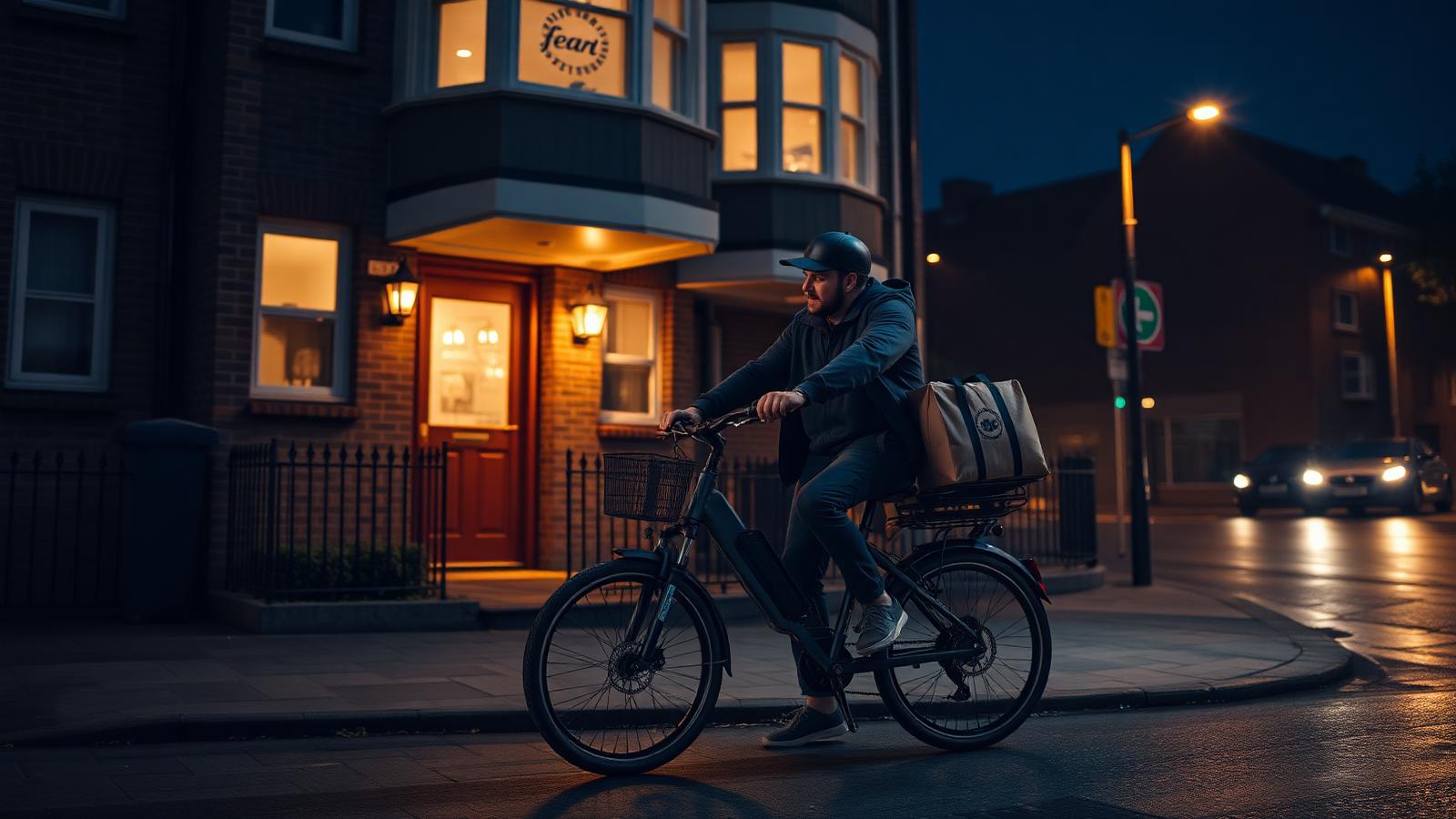 Food delivery courier on an electric bike pausing outside a UK apartment building at night with a takeaway bag in hand