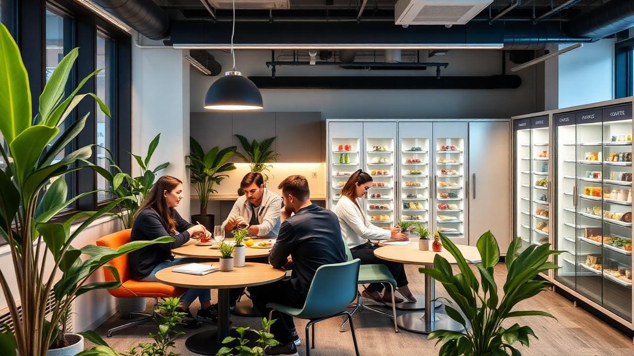 London office breakout area with employees eating lunch together near a smart food locker and lush plants