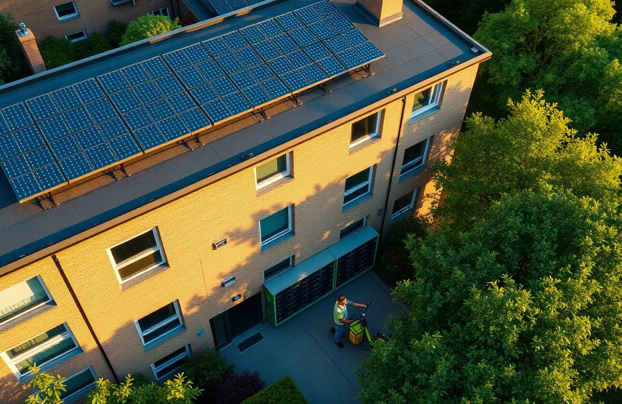 Aerial view of a modern UK residential building with rooftop solar panels and a courier dropping groceries into smart lockers at the entrance, surrounded by trees in soft dawn light