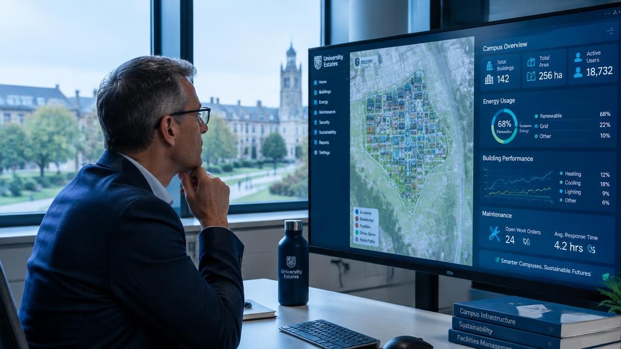 University estates director reviewing a smart campus data dashboard overlooking a historic campus