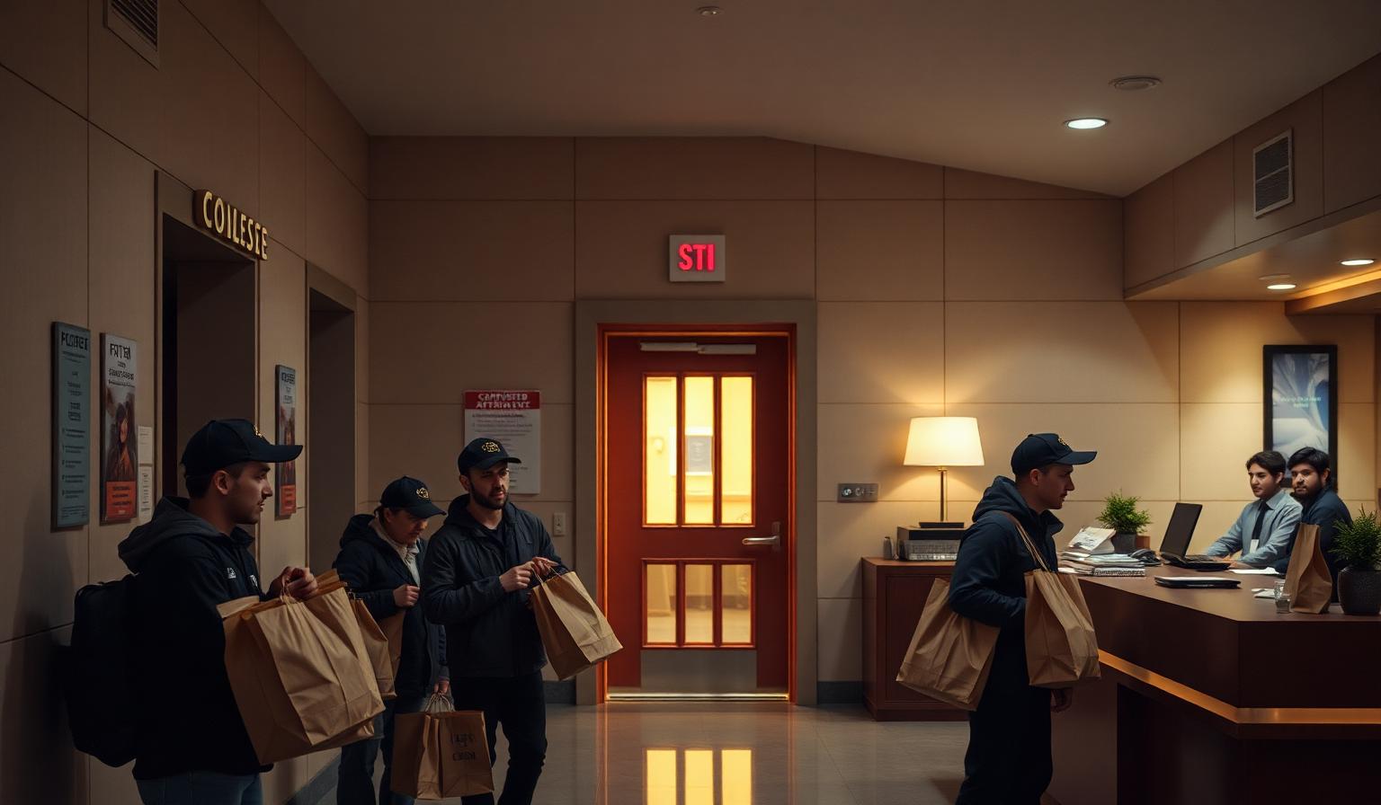 Several food delivery couriers waiting in a residential apartment building lobby at dusk with paper takeaway bags while a concierge handles a queue