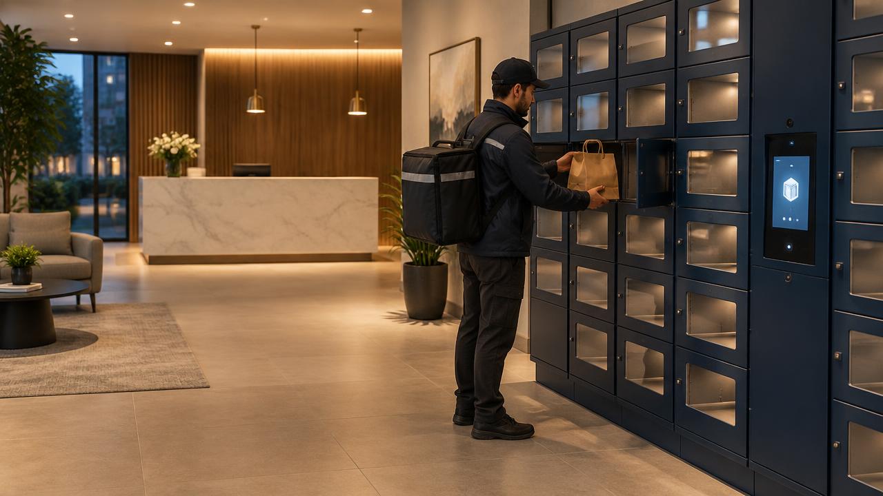 Courier placing a takeaway order into a navy smart food locker with glass-windowed doors in a calm residential lobby, with an empty reception desk behind