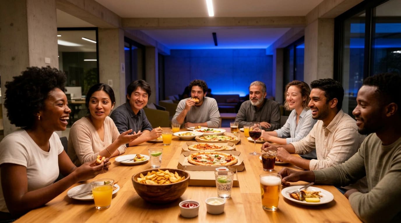 Residents laughing together over a shared pizza night food delivery in a Build-to-Rent communal lounge