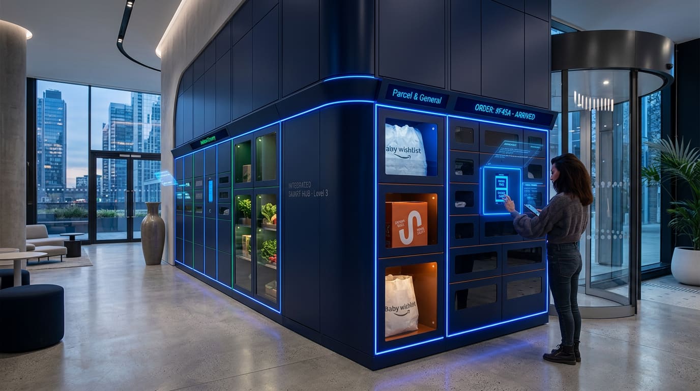 Futuristic smart building delivery hub with integrated food, parcel and grocery lockers