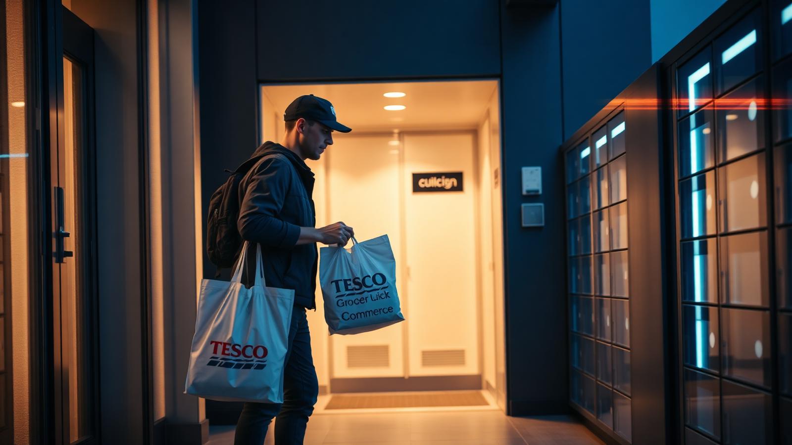 Delivery courier placing Tesco grocery and quick-commerce bags into a chilled smart locker in a modern residential lobby