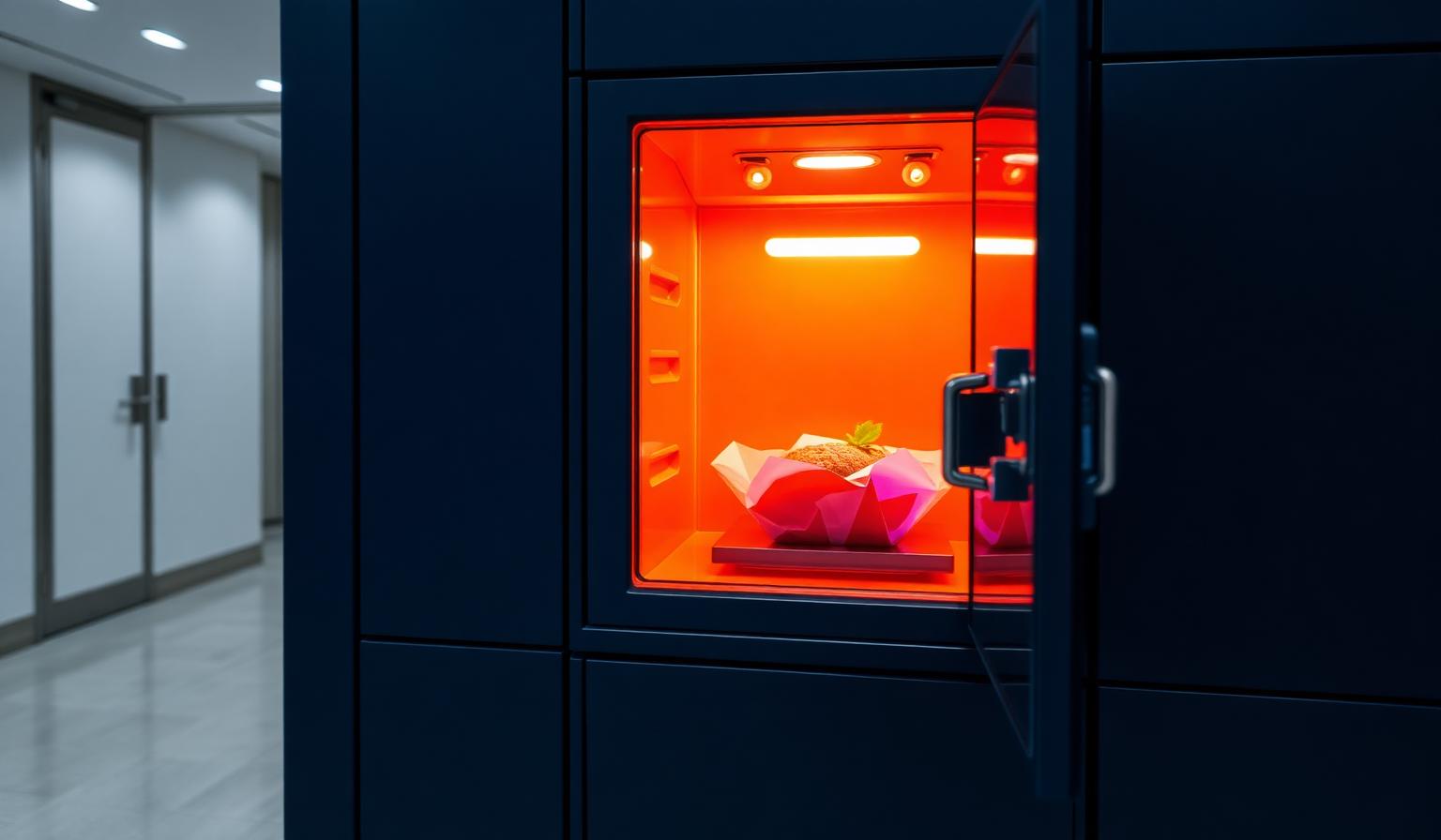 Heated food locker compartment holding a hot takeaway delivery