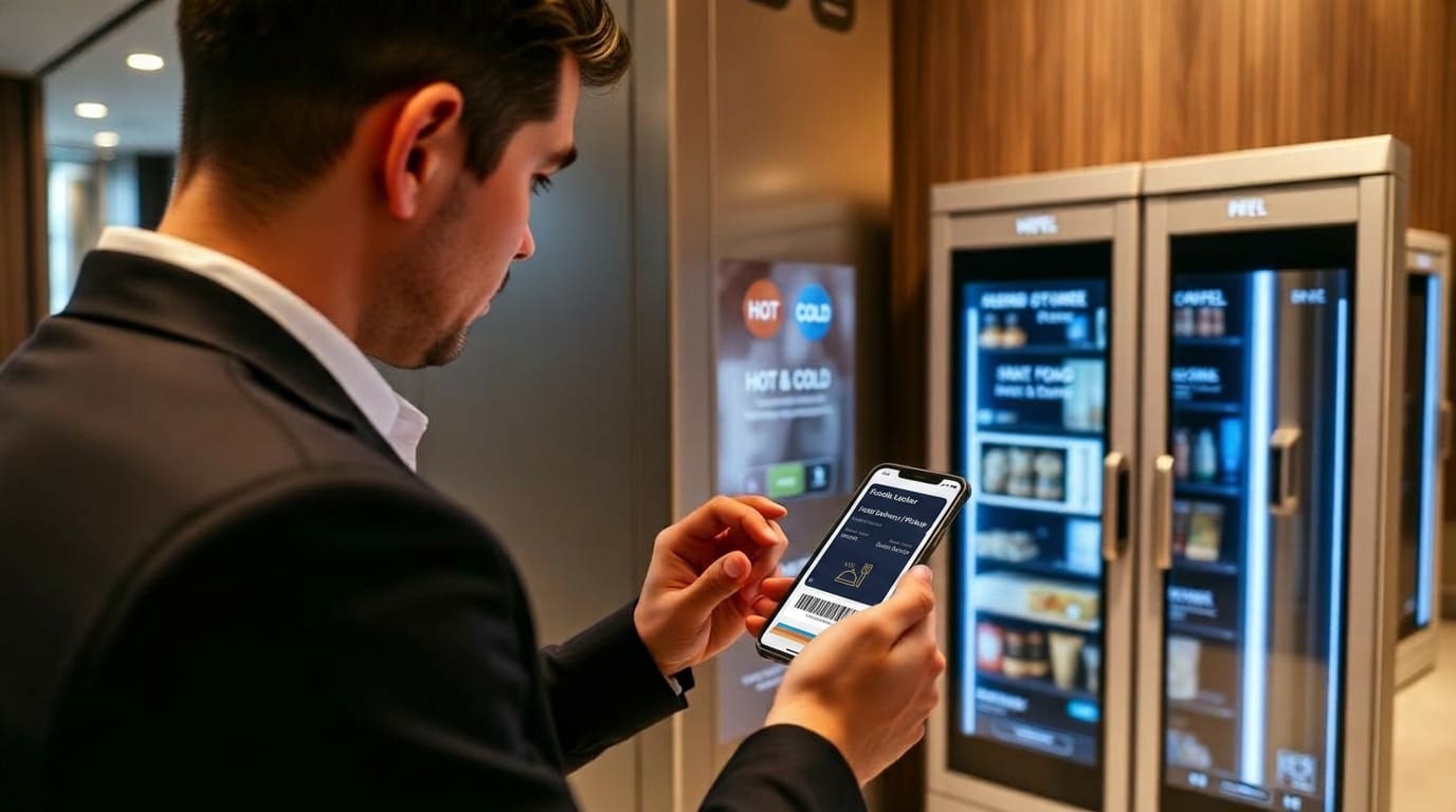 Hotel guest scanning a QR code with the hotel mobile app at a branded smart food locker in a modern hotel reception