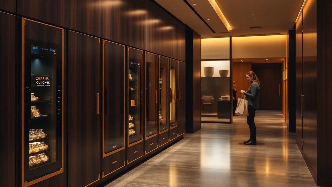 Bank of heated smart food lockers in a modern hotel lobby at dusk with a guest collecting a takeaway bag