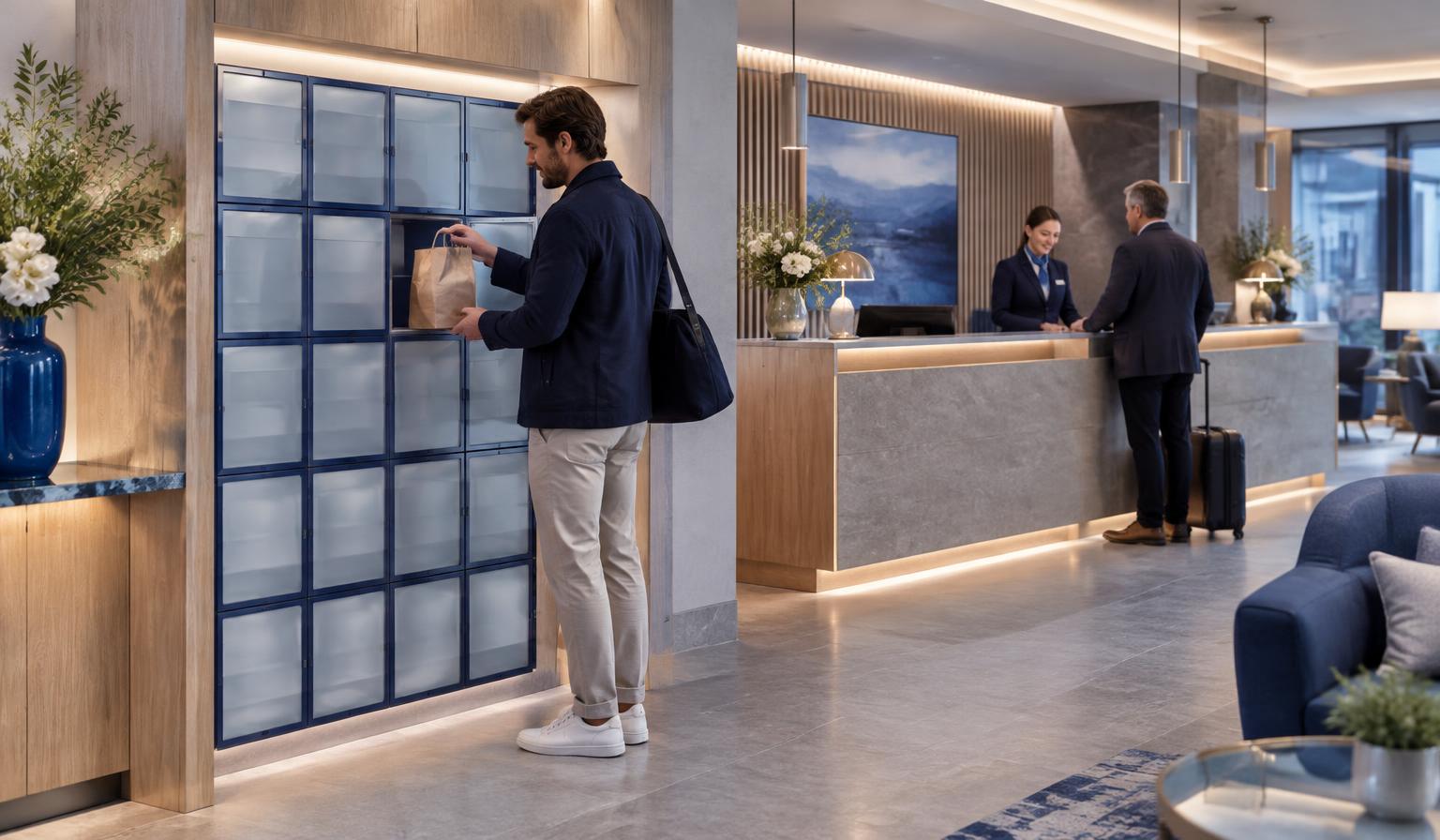 Hotel guest collecting a restaurant delivery from insulated food lockers beside reception
