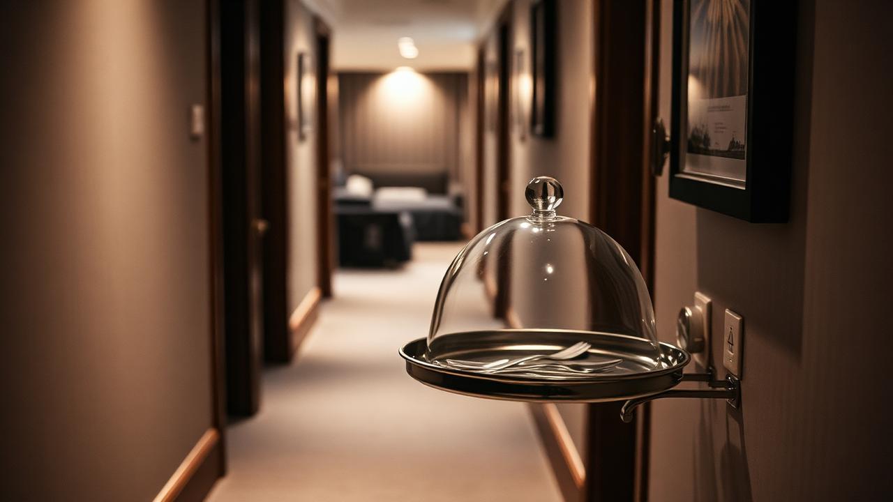 Empty silver room service tray with cloche left untouched outside a hotel room door in a softly lit corridor