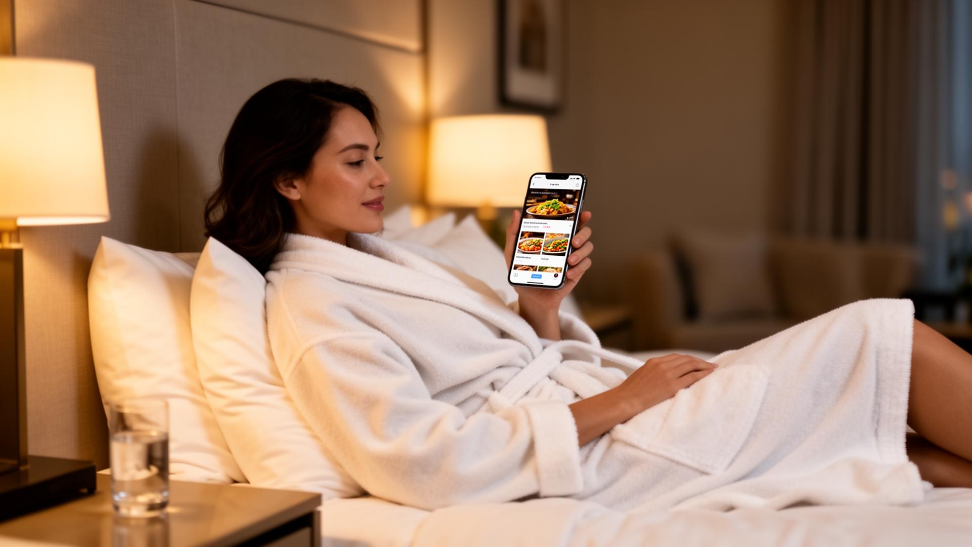 Hotel guest in a robe collecting a Deliveroo order from an illuminated smart food locker in a boutique hotel corridor