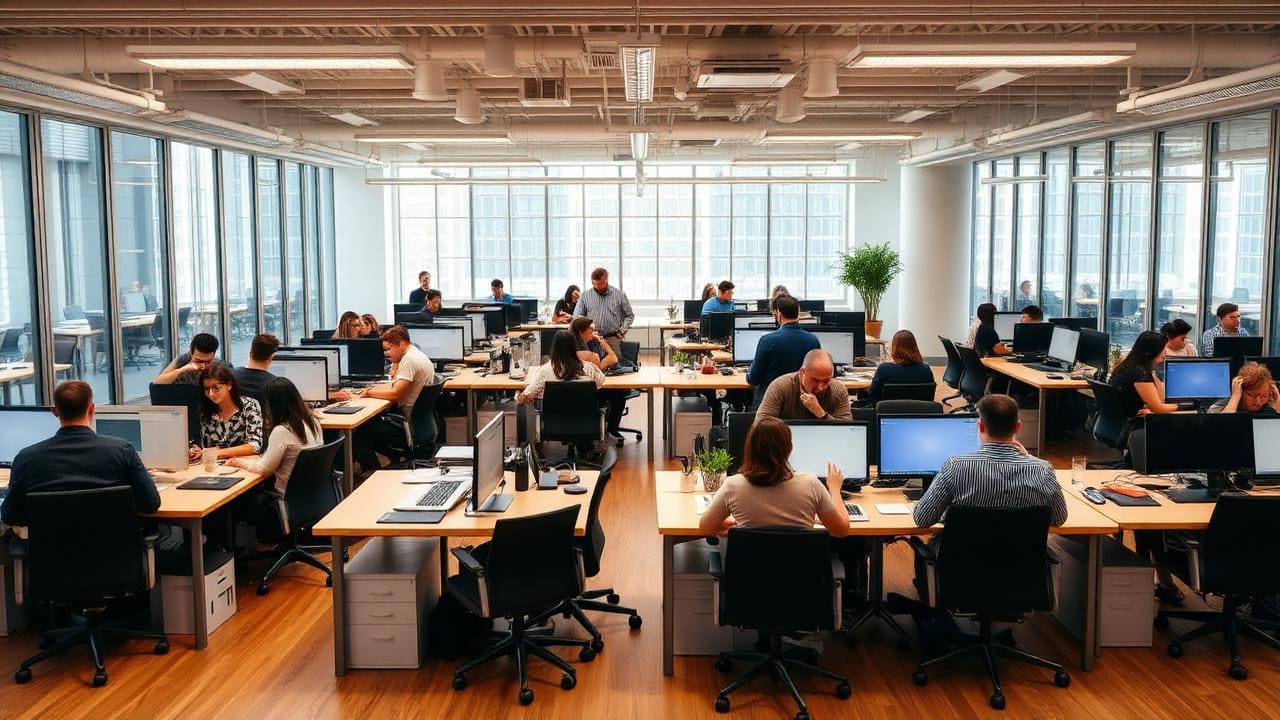 Busy London open-plan office on a Tuesday lunchtime with full desks contrasted against empty seats
