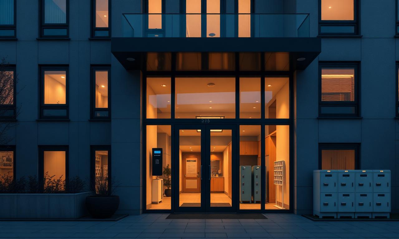 Modern UK apartment building entrance at dusk with secure smart access panel and delivery lockers near the front door