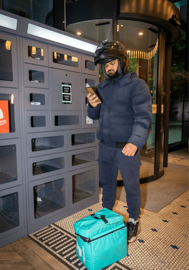 Courier delivering food to smart locker