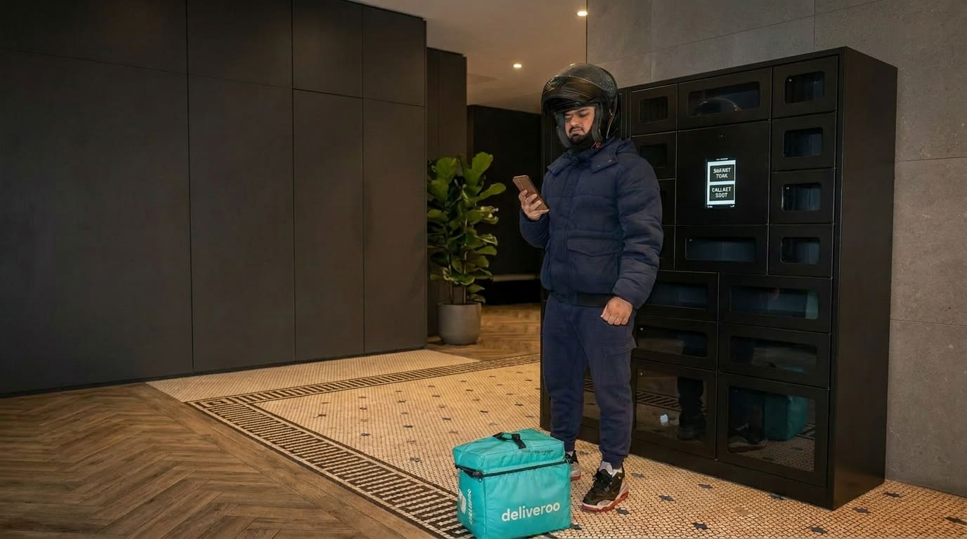 Delivery courier dropping a food parcel into a smart locker outside a building