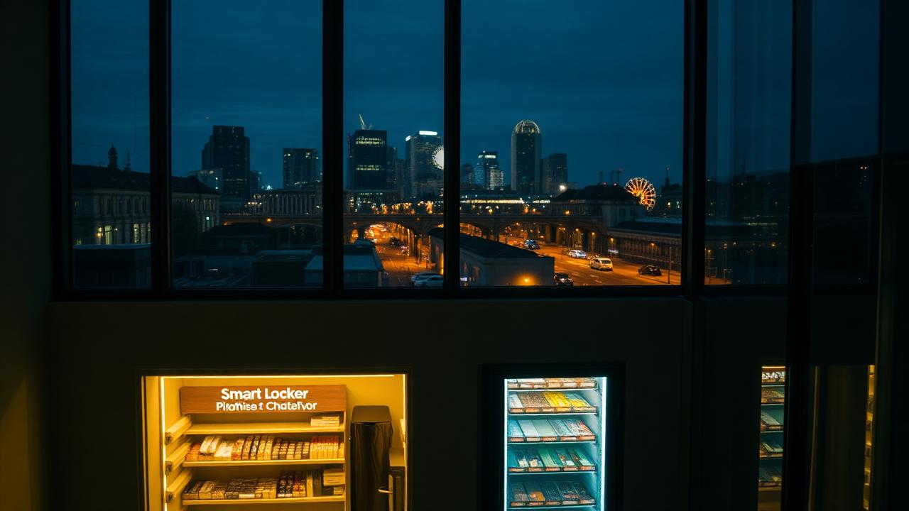 Late-night view from a London office window with city lights and a softly lit smart food locker in the lobby below
