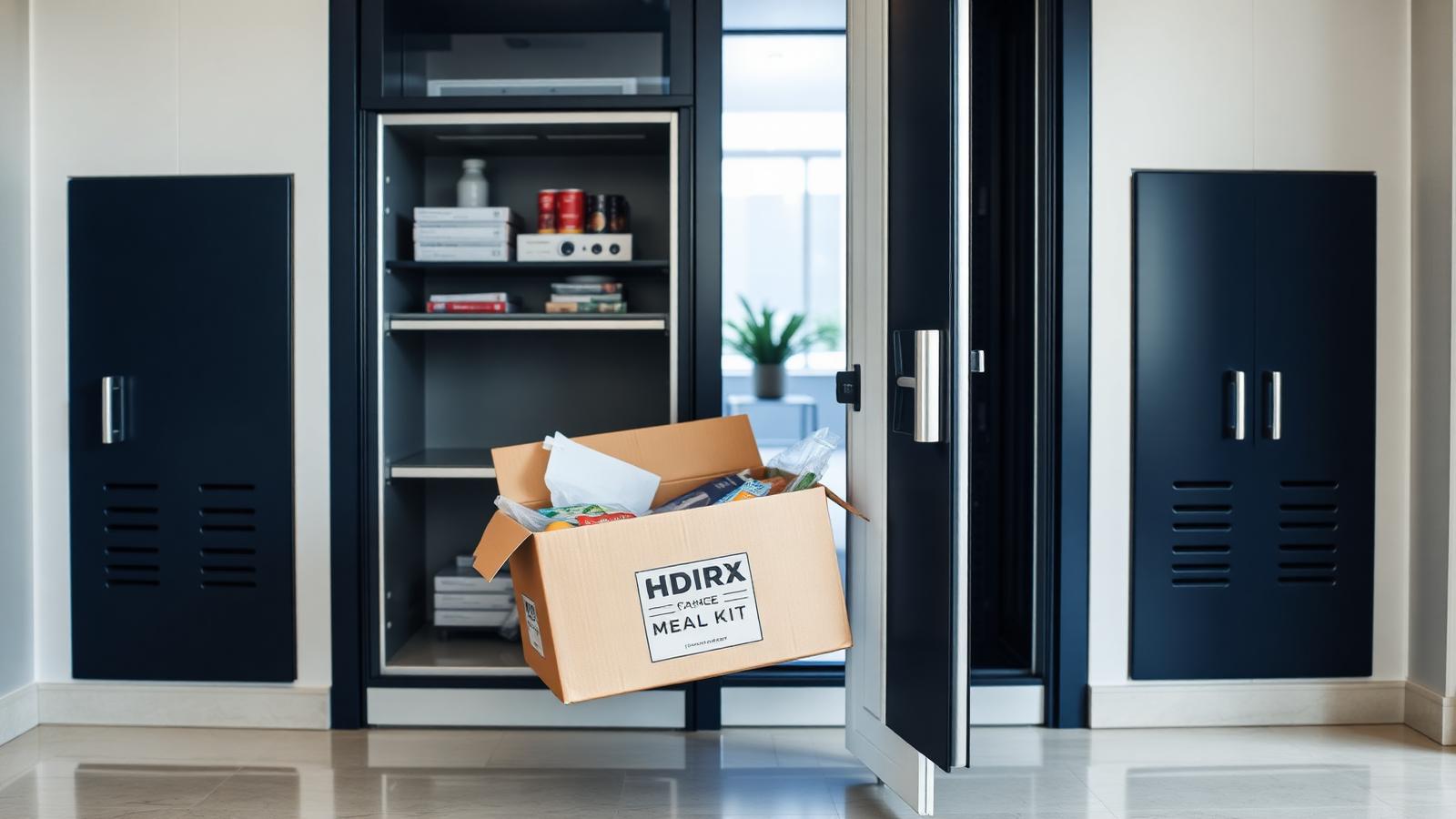 Open chilled smart locker compartment with a fresh meal kit subscription box being placed inside in a bright residential lobby