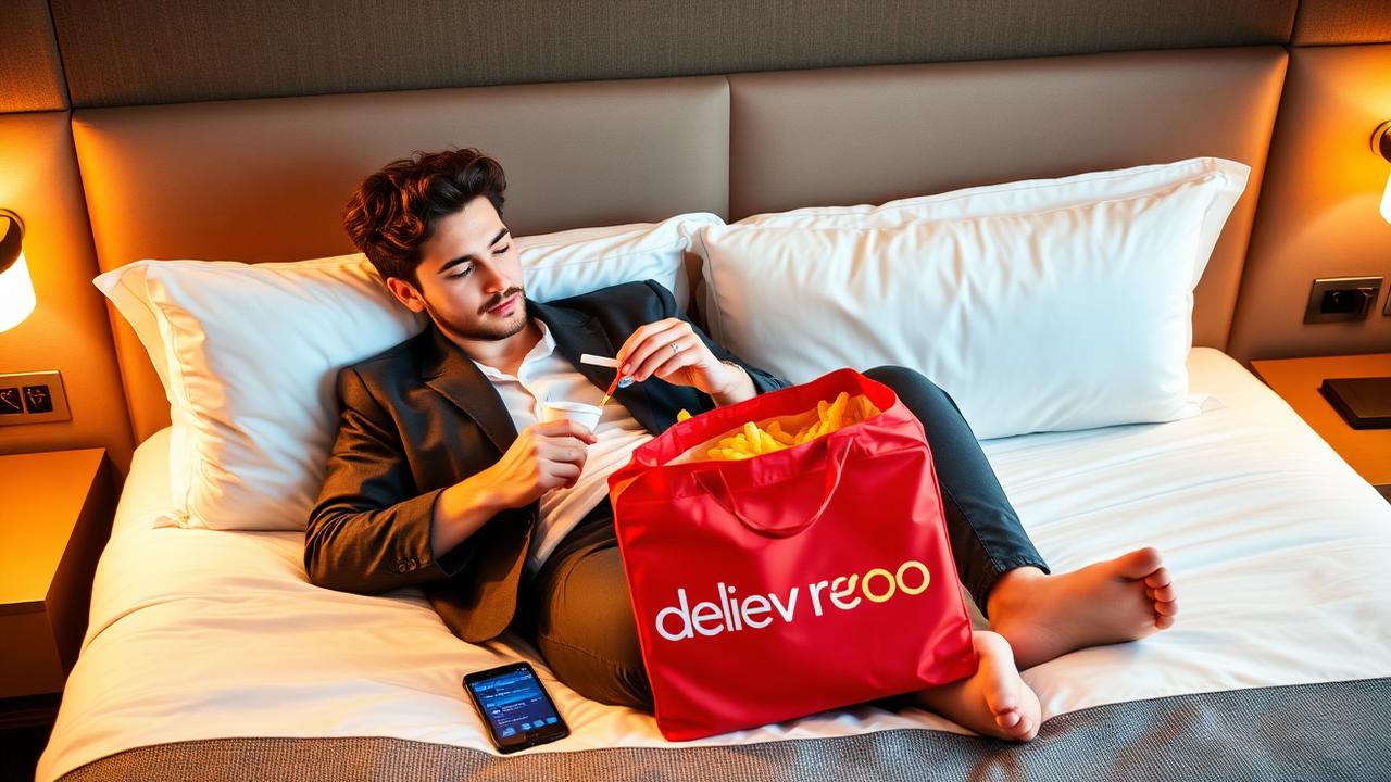 Young millennial hotel guest relaxing on a boutique hotel bed eating from a takeaway delivery bag with a food app open on their smartphone