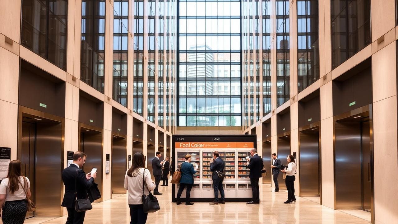 Tall multi-tenant London office building lobby with multiple lift banks and a centralised smart food locker hub